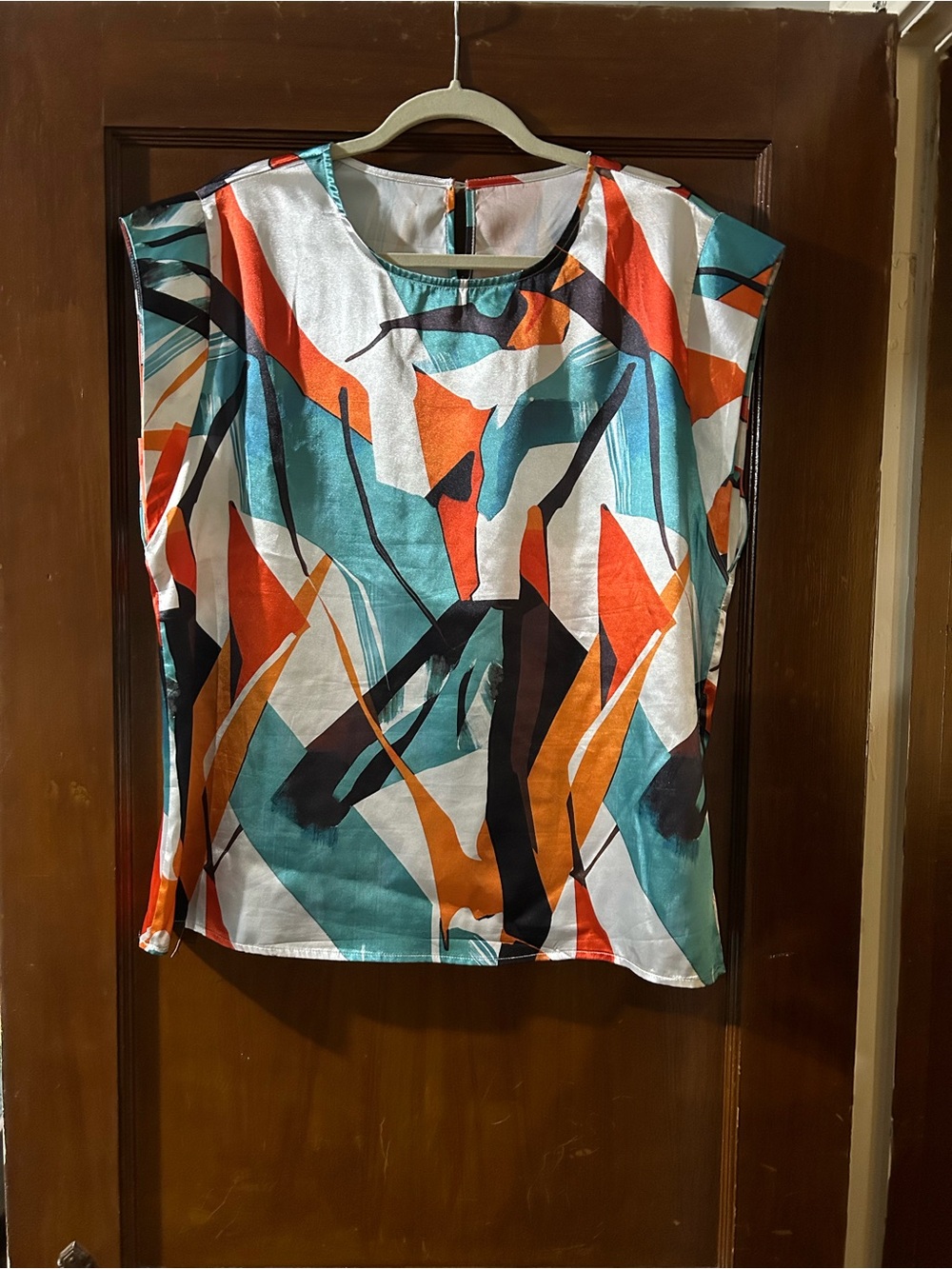 Abstract Print Sleeveless Blouse in Teal, Orange & Black.Silk feel.Cap sleeves.